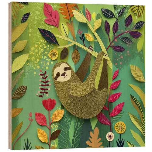 Wood print Cozy sloth in the tree as a paper cut-out