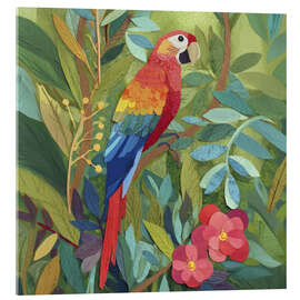 Obraz na szkle akrylowym Parrot in a tropical leaf forest as a paper cut-out - UtArt