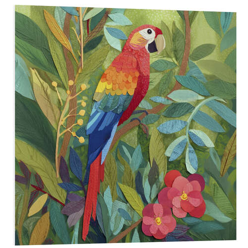 Quadro em PVC Parrot in a tropical leaf forest as a paper cut-out