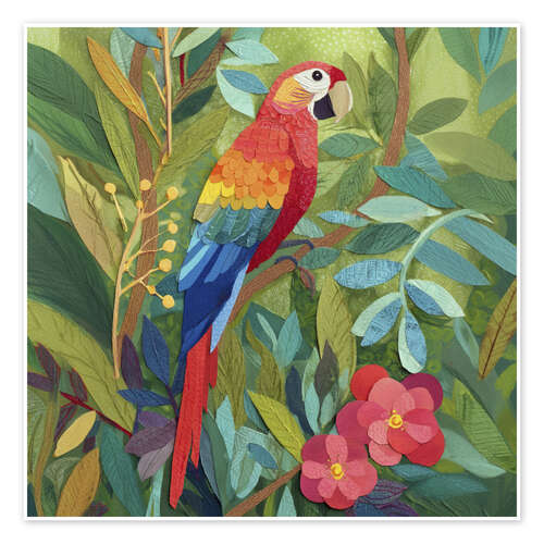 Poster Parrot in a tropical leaf forest as a paper cut-out