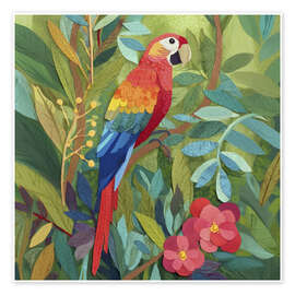 Poster Parrot in a tropical leaf forest as a paper cut-out - UtArt