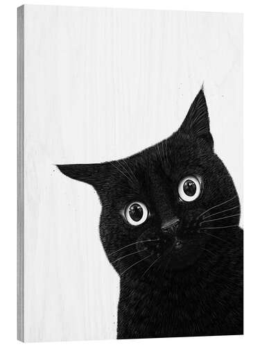 Holzbild Lustige guckende schwarze Katze
