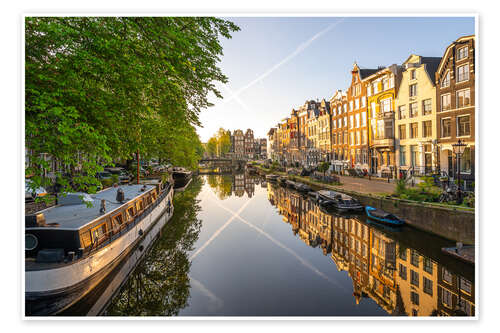 Poster Sunlight on a calm canal in Amsterdam, Netherlands