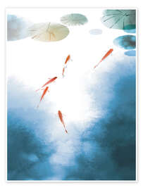 Wall print Fish and Lotus Blossoms II