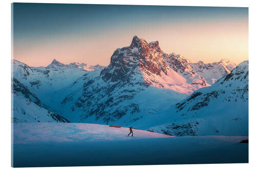 Acrylic print Ski tourer with Patteriol in the background at sunset