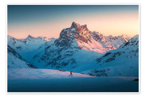 Poster Ski tourer with Patteriol in the background at sunset