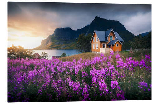 Acrylglasbild Oranges Haus auf den Lofoten während Sonnenaufgang