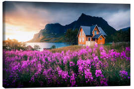 Canvas print Orange house in Lofoten during sunrise - Lucas Tiefenthaler
