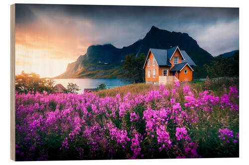Wood print Orange house in Lofoten during sunrise