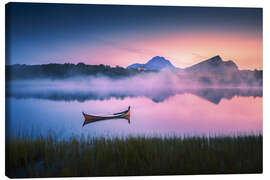 Obraz na płótnie Lake with canoe in Lofoten during sunset - Lucas Tiefenthaler