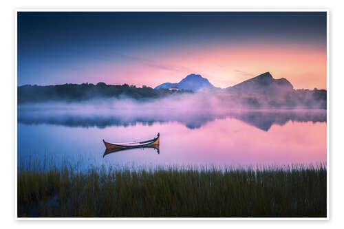 Poster Lake with canoe in Lofoten during sunset