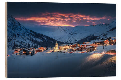 Obraz na drewnie Train on the Arlberg during sunset