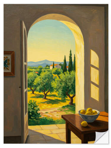 Selvklæbende plakat Sunlight Over Olive Fields