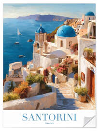 Selvklæbende plakat Santorini Retro Travel Art