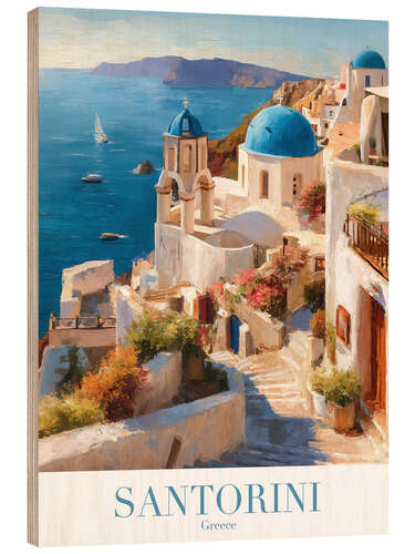 Puutaulu Santorini Retro Travel Art
