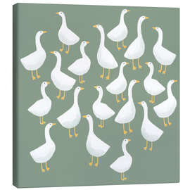 Tableau sur toile Flock of White Geese on Green Grass - Nic Squirrell