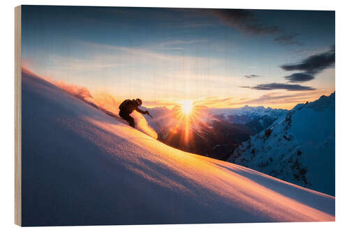 Quadro de madeira Sunset skiing in the Alps
