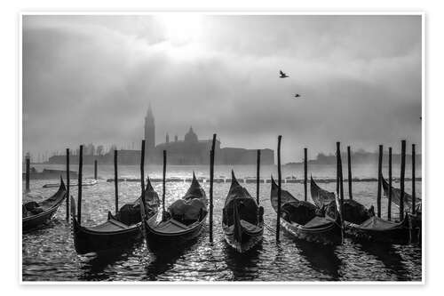 Plakat Gondolas and church in a foggy day, Venice, Italy