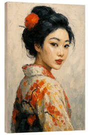 Holzbild Die japanische Geisha blickt über ihre Schulter