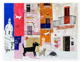 Wall print Dog and cats in the dreamy city - Anastasia Mamoshina