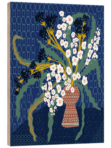 Wood print Floral still life in dark blue