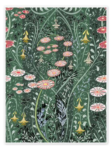 Poster Dark green pattern of wild meadow flowers