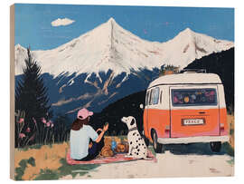 Wood print Mountain Adventure on Retro Camper - Anastasia Mamoshina