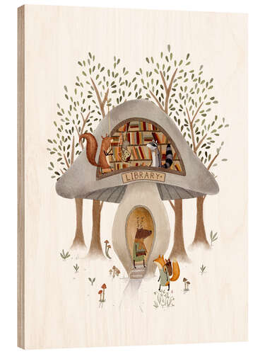Print på træ Whimsical Mushroom Library
