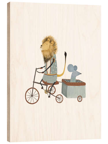 Obraz na drewnie Bicycle trailer with lion and mouse