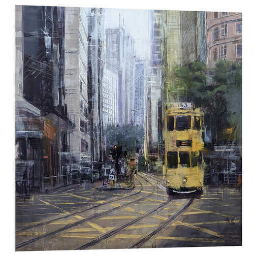 Stampa su PVC Street scene - Tram on Hong Kong Island