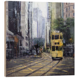 Holzbild Straßenszene - Tram auf Hong Kong Island
