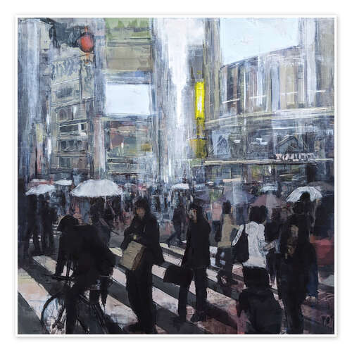 Poster Geschäftige Shibuya-Kreuzung bei Regen, Tokio