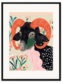 Gerahmter Kunstdruck Widder mit Blumen