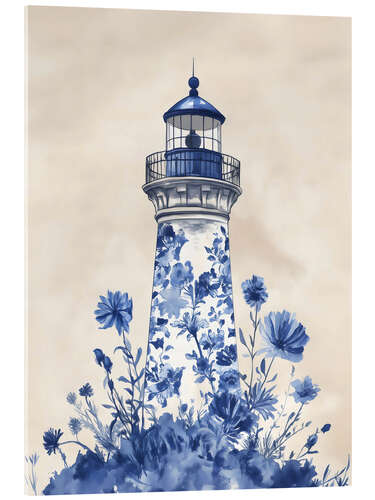 Tableau en verre acrylique Blue Floral Lighthouse