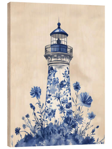 Holzbild Blauer Floraler Leuchtturm