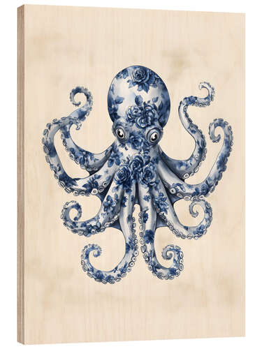 Obraz na drewnie Blue Floral Octopus