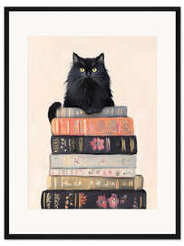 Gerahmter Kunstdruck Bücherstapel Katze