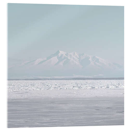 Acrylglasbild Schneebedeckter Berg in Japan vor einem Meer aus Eis