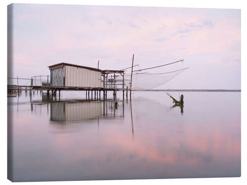 Stampa su tela Fisherman's house on a lake in Italy at sunrise