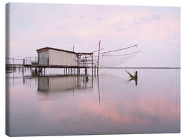 Stampa su tela Fisherman's house on a lake in Italy at sunrise - Philipp Dase