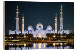 Wood print Illuminated Grand Mosque reflection at night - George Pachantouris