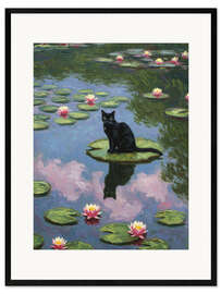 Gerahmter Kunstdruck Seerosen und Schwarze Katze