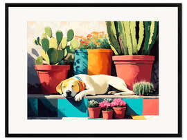 Gerahmter Kunstdruck Schlafender Hund auf einer sonnigen Terrasse