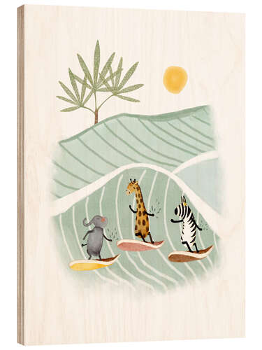 Cuadro de madera Elephant, giraffe and zebra surfing