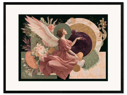 Impresión de arte enmarcada Angelic journey between planets and flowers