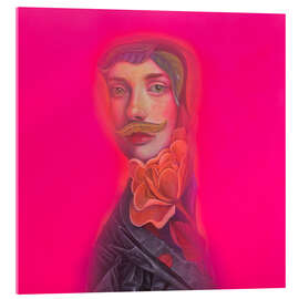 Quadro em acrílico Androgynous Portrait with Mustache and Flower on Neon Pink - Natasha Lelenco