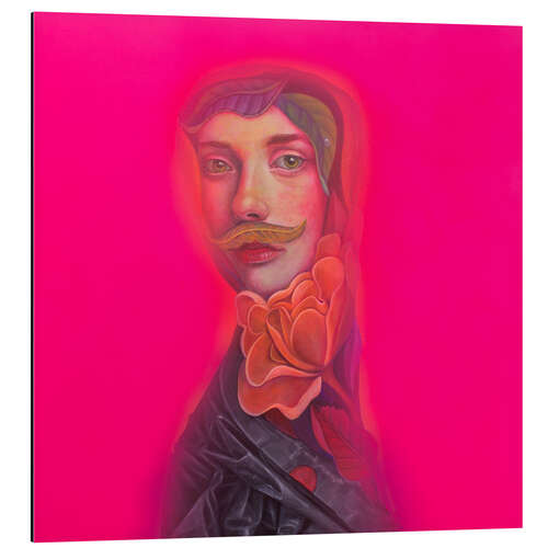 Alubild Androgynes Portrait mit Schnurrbart und Blume auf Neonpink
