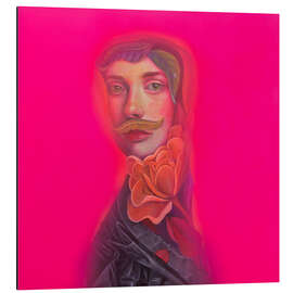 Obraz na aluminium Androgynous Portrait with Mustache and Flower on Neon Pink - Natasha Lelenco