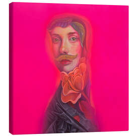 Stampa su tela Androgynous Portrait with Mustache and Flower on Neon Pink - Natasha Lelenco