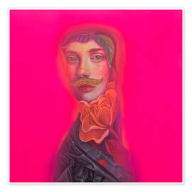 Obraz Androgynous Portrait with Mustache and Flower on Neon Pink - Natasha Lelenco